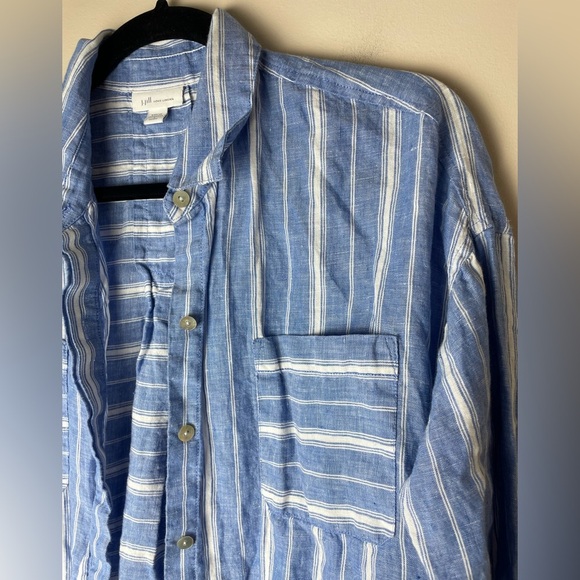 J Jill Love Linen Shirt Blue White Striped Button Up Small Petite Relaxed Beach - Picture 3 of 8
